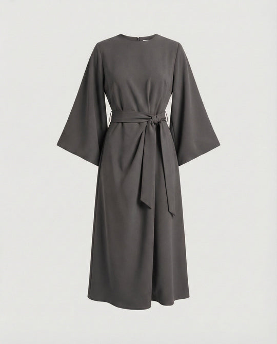 Belted Wrap Midi Dress with Long Lantern Sleeves