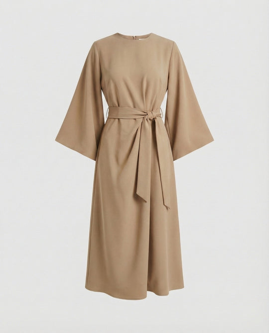 Belted Wrap Midi Dress with Long Lantern Sleeves