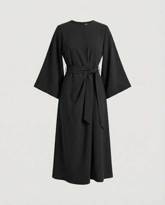 Belted Wrap Midi Dress with Long Lantern Sleeves