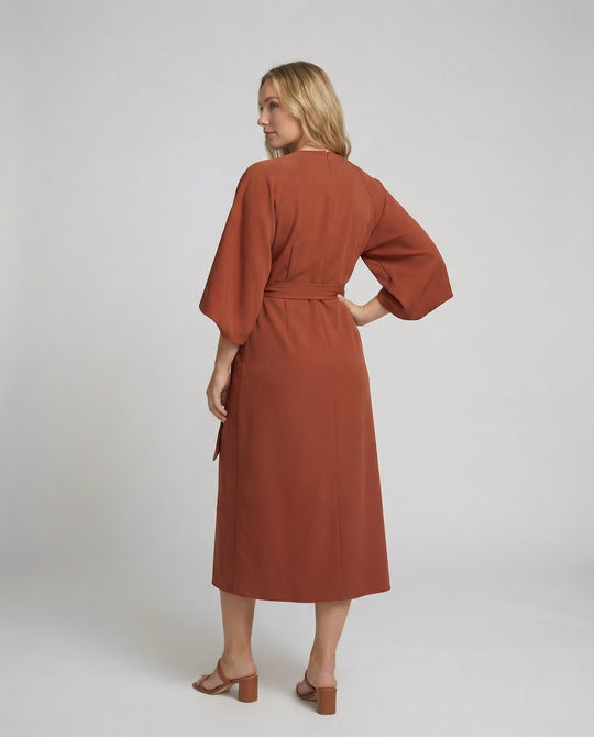Belted Wrap Midi Dress with Long Lantern Sleeves