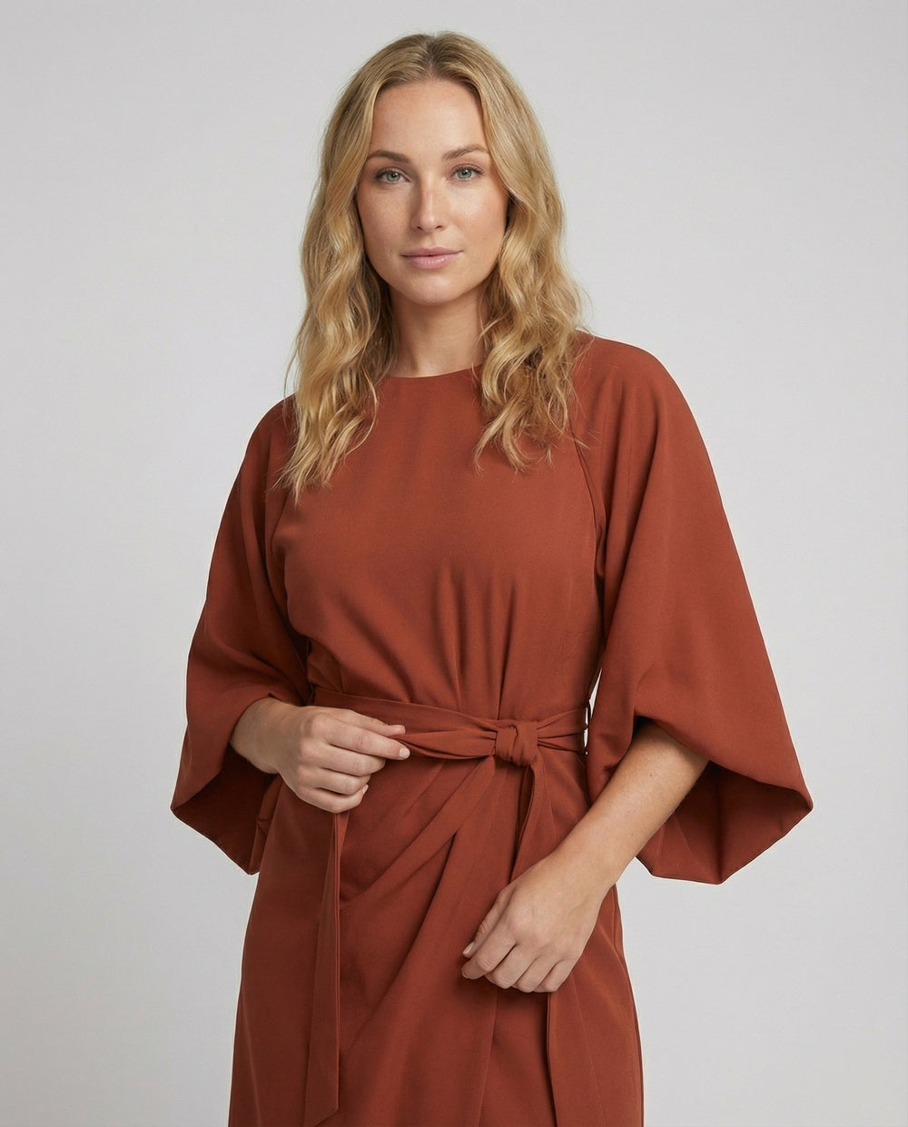 Belted Wrap Midi Dress with Long Lantern Sleeves
