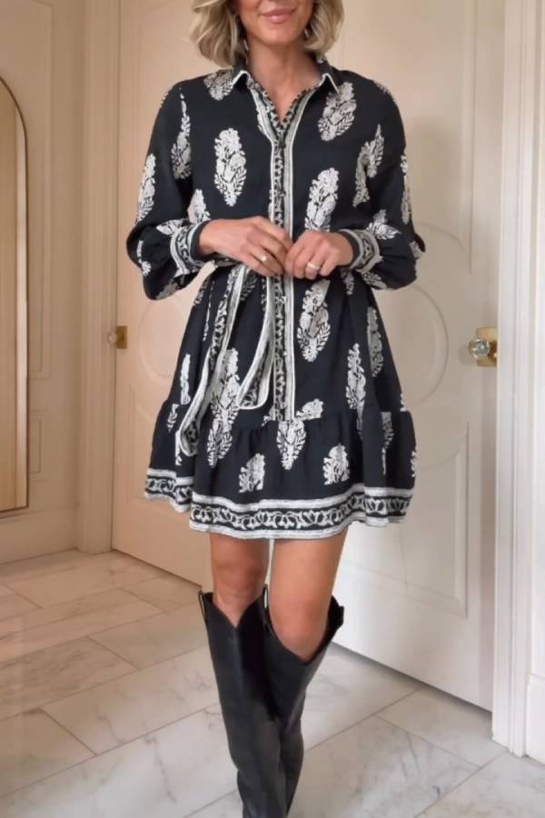Black and White Printed Shirt Dress – Tie Waist and Ruffled Hem