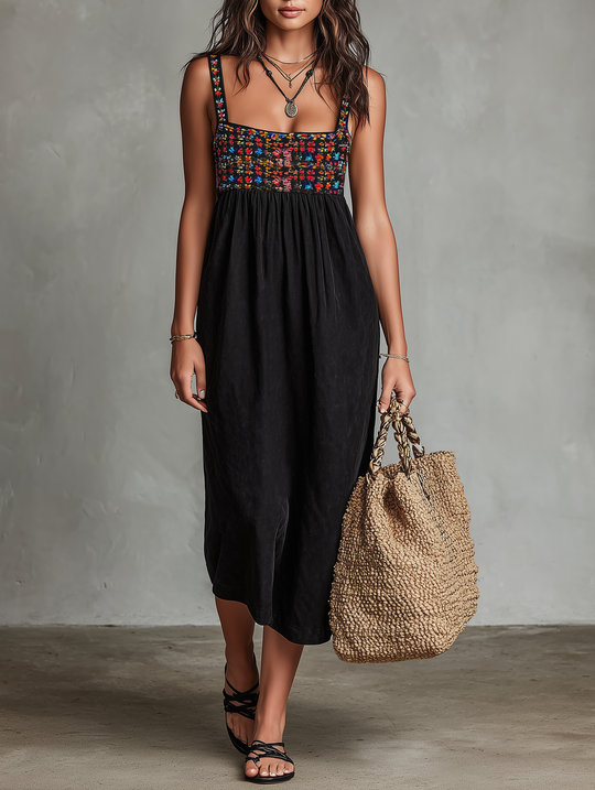 Black Embroidered Faux-Suede Bohemian Midi Dress