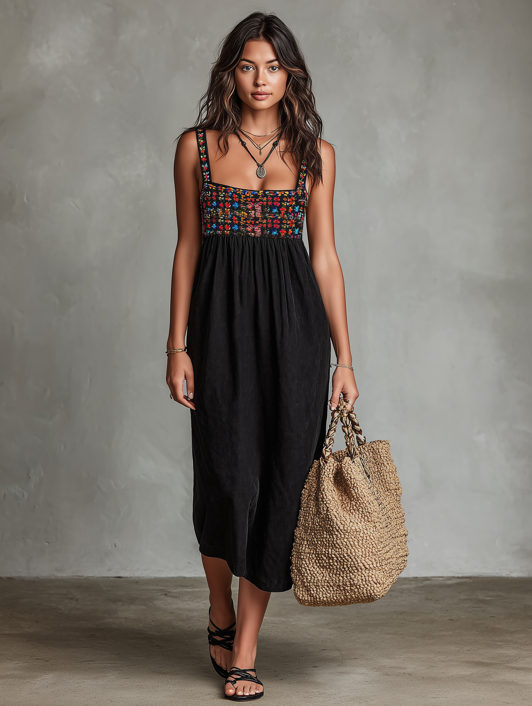Black Embroidered Faux-Suede Bohemian Midi Dress