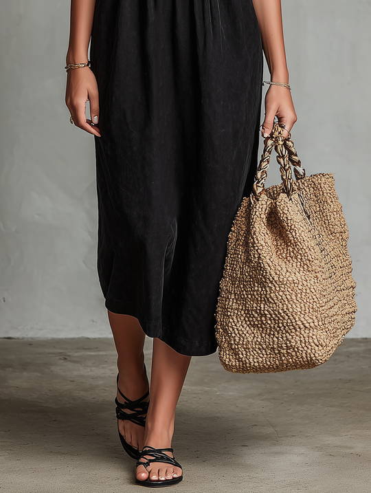 Black Embroidered Faux-Suede Bohemian Midi Dress