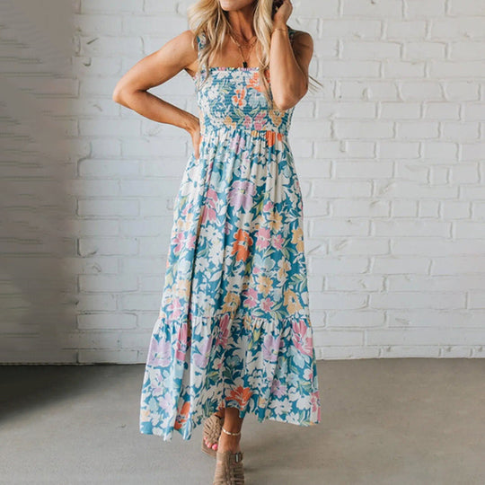 Bloom Floral Midi Dress – Smocked Bodice and Adjustable Straps