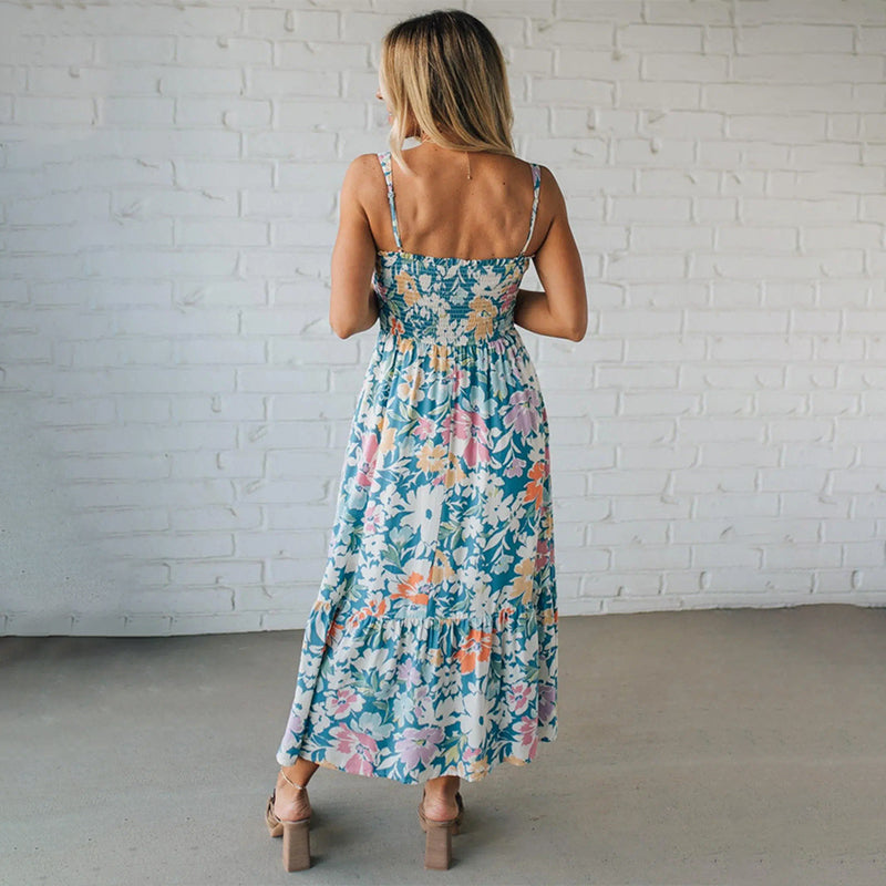 Bloom Floral Midi Dress – Smocked Bodice and Adjustable Straps