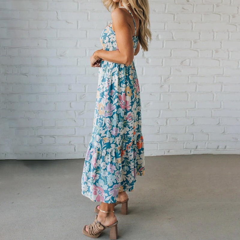Bloom Floral Midi Dress – Smocked Bodice and Adjustable Straps