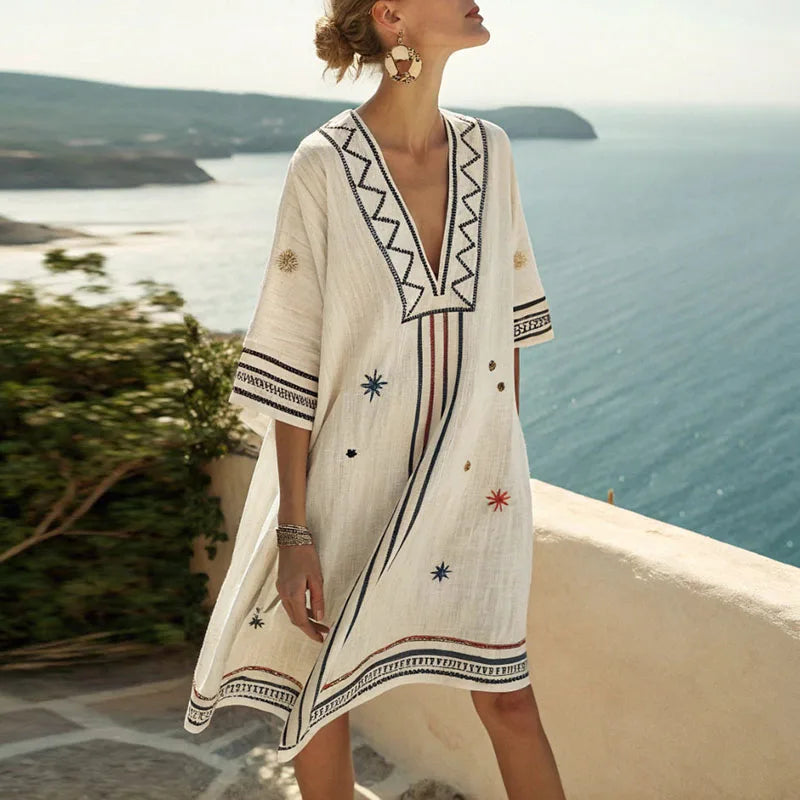 Bohemian Embroidered Beach Tunic – White, Navy and Rust V-Neck