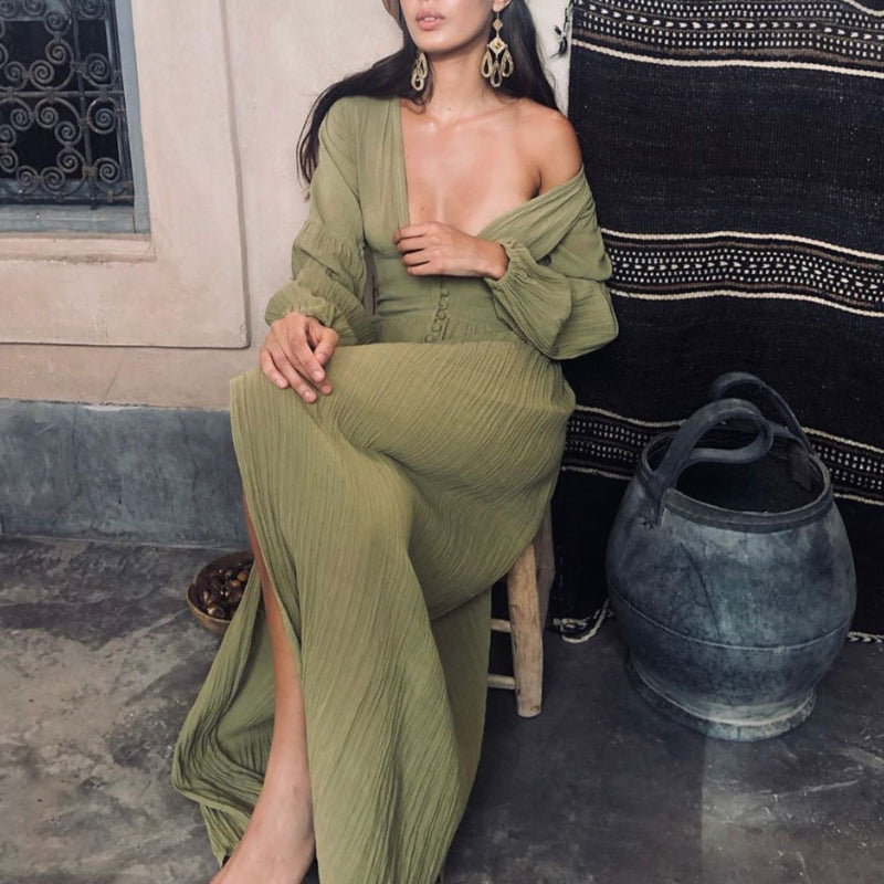 Boho Sierra Women's V-Neck Maxi Dress – Green, White or Beige