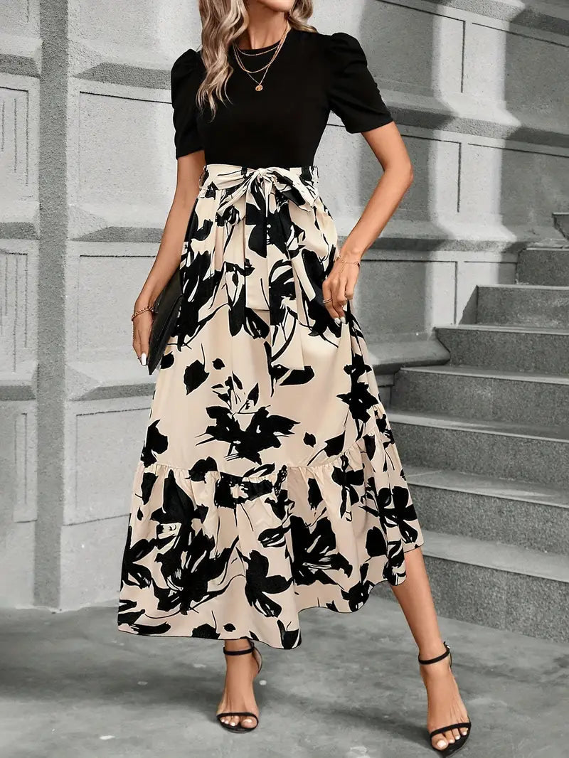 Botanical A-Line Dress with Bow Waist Belt – Sleeveless Party Style