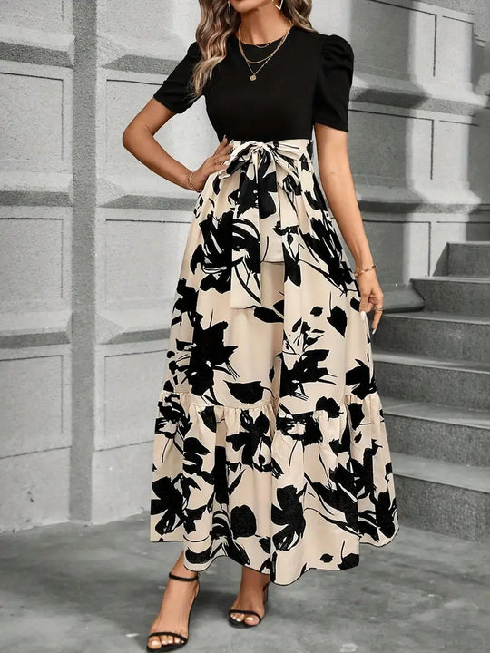 Botanical A-Line Dress with Bow Waist Belt – Sleeveless Party Style