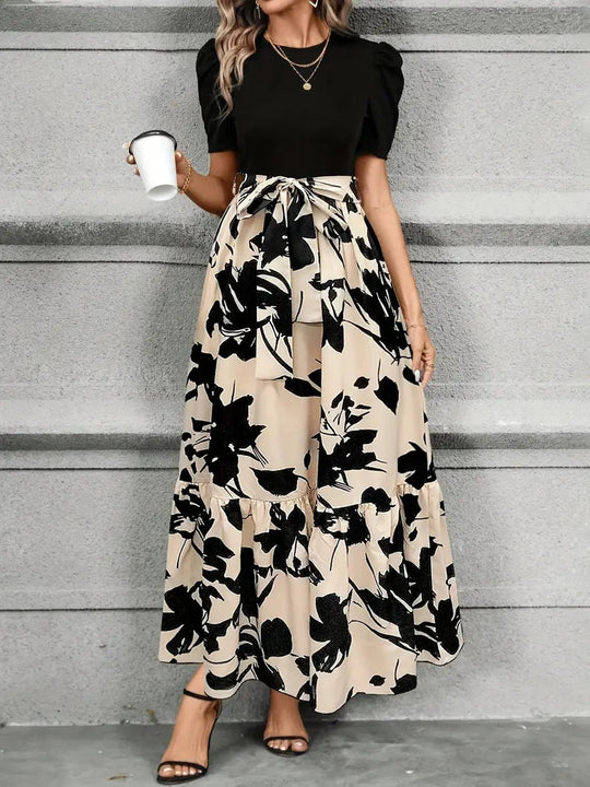 Botanical A-Line Dress with Bow Waist Belt – Sleeveless Party Style