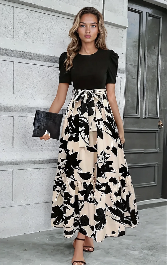 Botanical A-Line Dress with Bow Waist Belt – Sleeveless Party Style