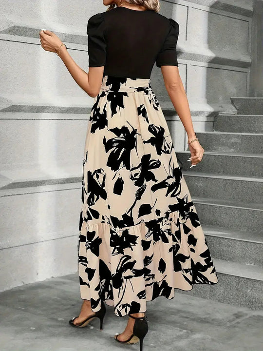 Botanical A-Line Dress with Bow Waist Belt – Sleeveless Party Style