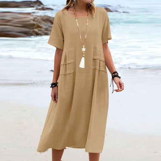 Breathable Cotton-Linen Midi Dress with Short Sleeves