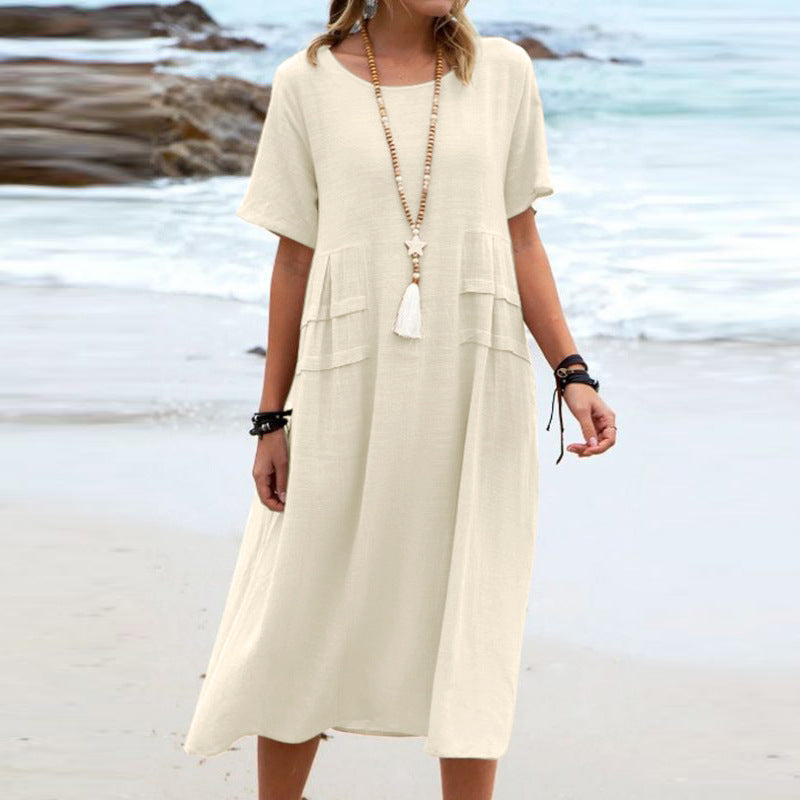 Breathable Cotton-Linen Midi Dress with Short Sleeves