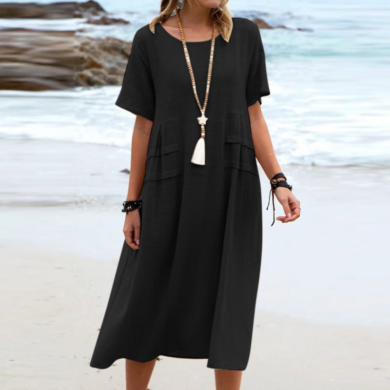 Breathable Cotton-Linen Midi Dress with Short Sleeves