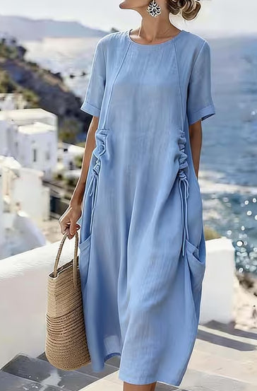 Breathable Cotton-Linen Midi Dress with Short Sleeves