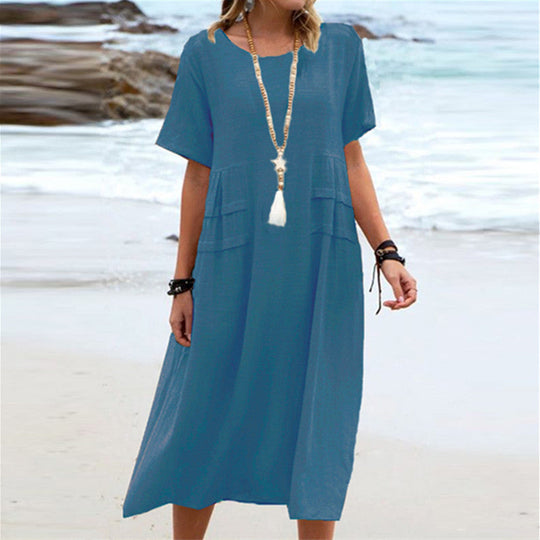 Breathable Cotton-Linen Midi Dress with Short Sleeves