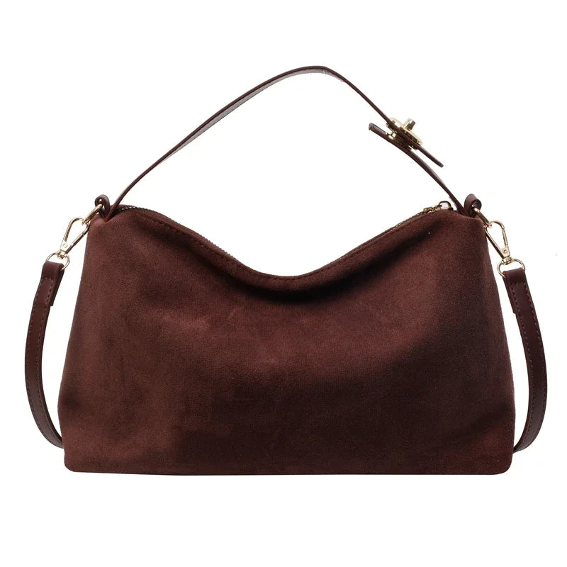 Brown Suede Shoulder Bag – Adjustable Strap and Gold-Tone Zip