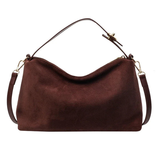 Brown Suede Shoulder Bag – Adjustable Strap and Gold-Tone Zip