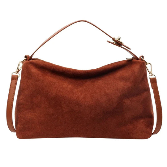 Brown Suede Shoulder Bag – Adjustable Strap and Gold-Tone Zip