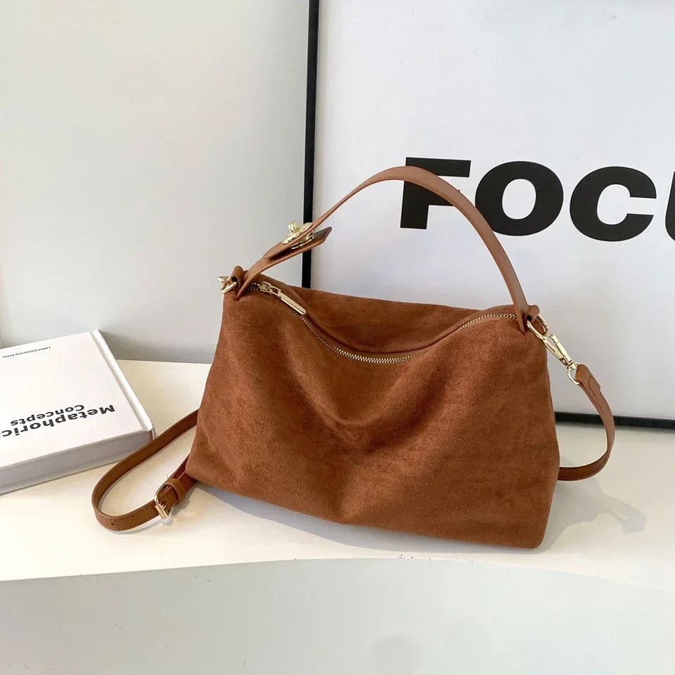 Brown Suede Shoulder Bag – Adjustable Strap and Gold-Tone Zip