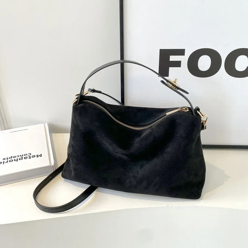 Brown Suede Shoulder Bag – Adjustable Strap and Gold-Tone Zip