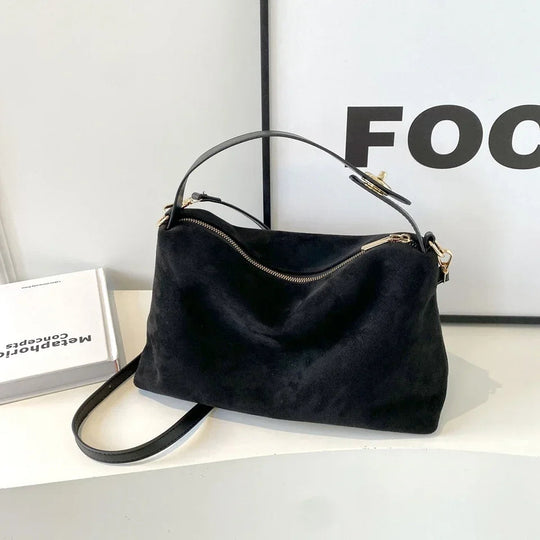 Brown Suede Shoulder Bag – Adjustable Strap and Gold-Tone Zip