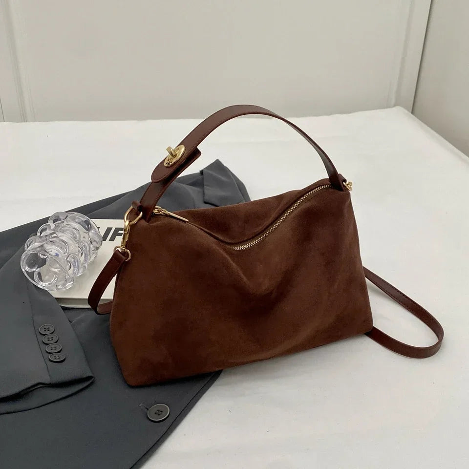 Brown Suede Shoulder Bag – Adjustable Strap and Gold-Tone Zip