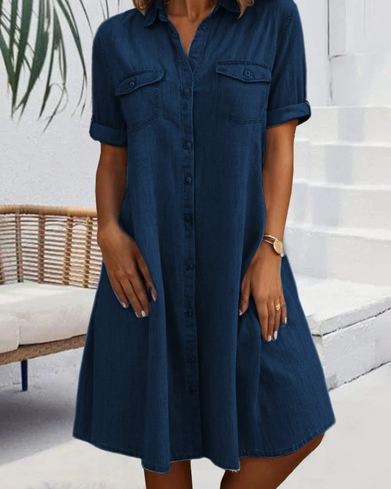 Button-Front A-Line Midi Dress with Lapel Collar and Pockets