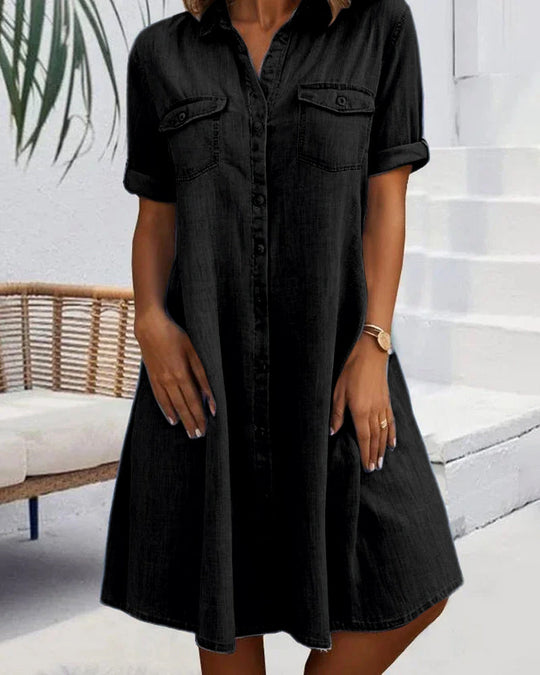 Button-Front A-Line Midi Dress with Lapel Collar and Pockets