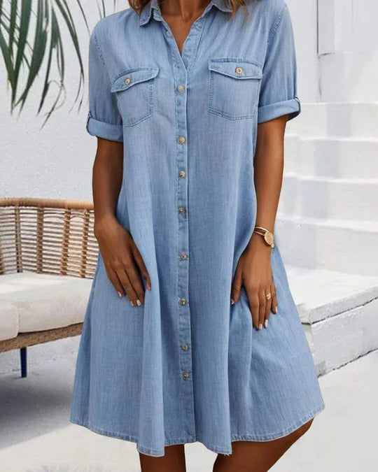 Button-Front A-Line Midi Dress with Lapel Collar and Pockets