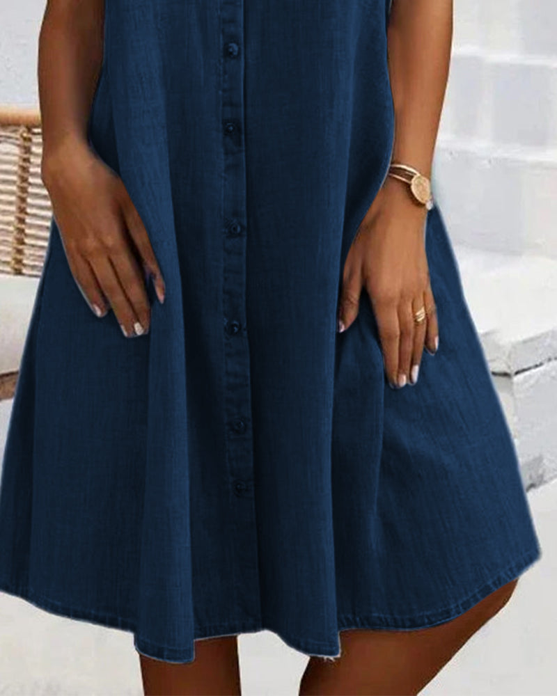 Button-Front A-Line Midi Dress with Lapel Collar and Pockets