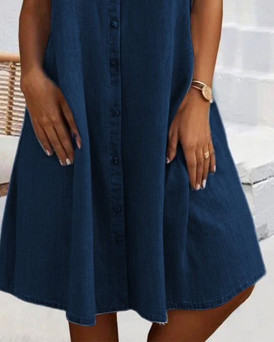 Button-Front A-Line Midi Dress with Lapel Collar and Pockets