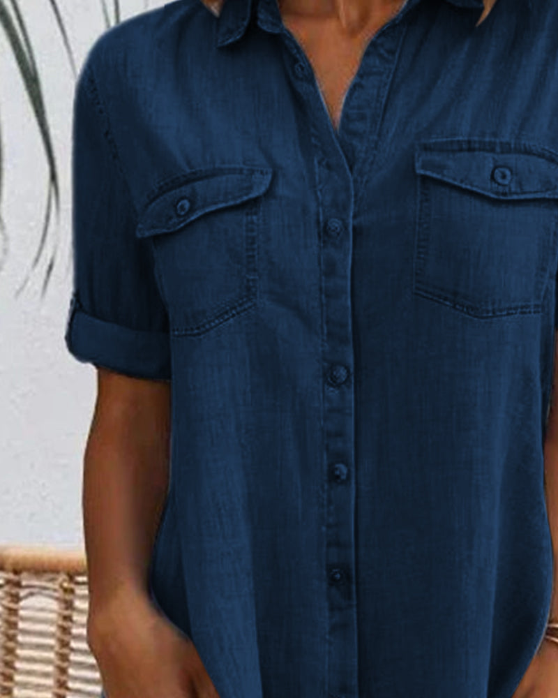 Button-Front A-Line Midi Dress with Lapel Collar and Pockets