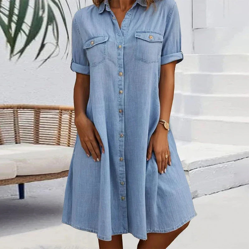 Button-Front A-Line Midi Dress with Lapel Collar and Pockets