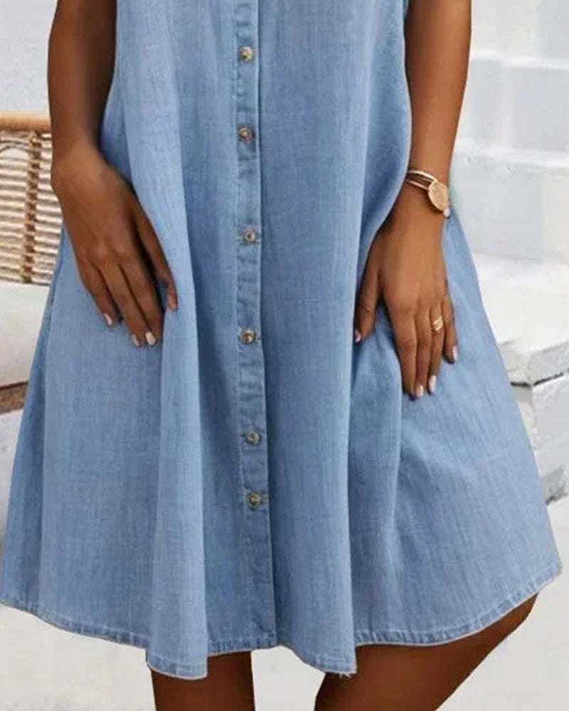 Button-Front A-Line Midi Dress with Lapel Collar and Pockets