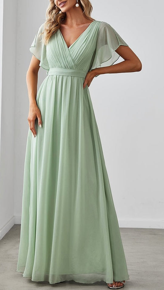 Chiffon A-Line Wedding Guest Maxi Dress – Ruffled V-Neck Style