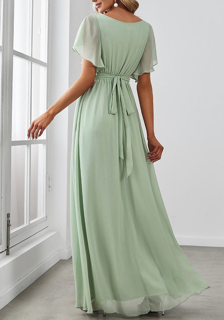 Chiffon A-Line Wedding Guest Maxi Dress – Ruffled V-Neck Style