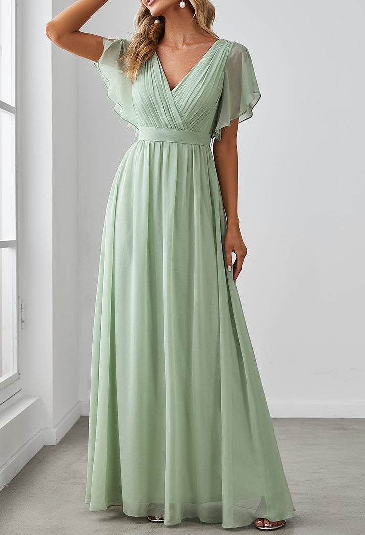 Chiffon A-Line Wedding Guest Maxi Dress – Ruffled V-Neck Style