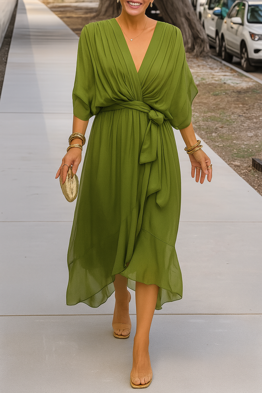 Chiffon Wrap Midi Dress with Asymmetric Hem