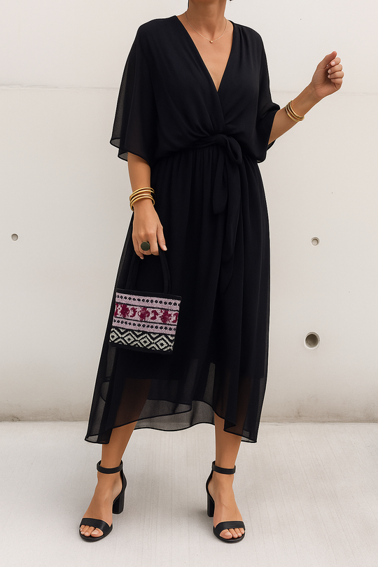 Chiffon Wrap Midi Dress with Asymmetric Hem