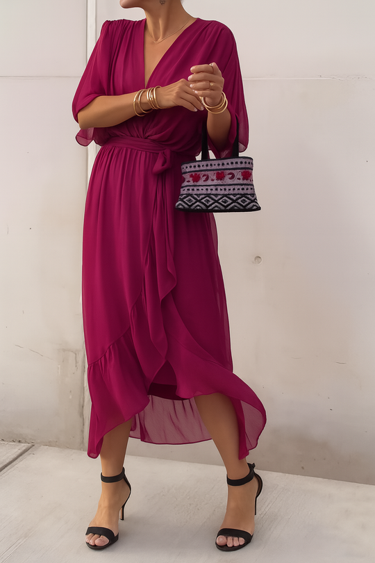 Chiffon Wrap Midi Dress with Asymmetric Hem
