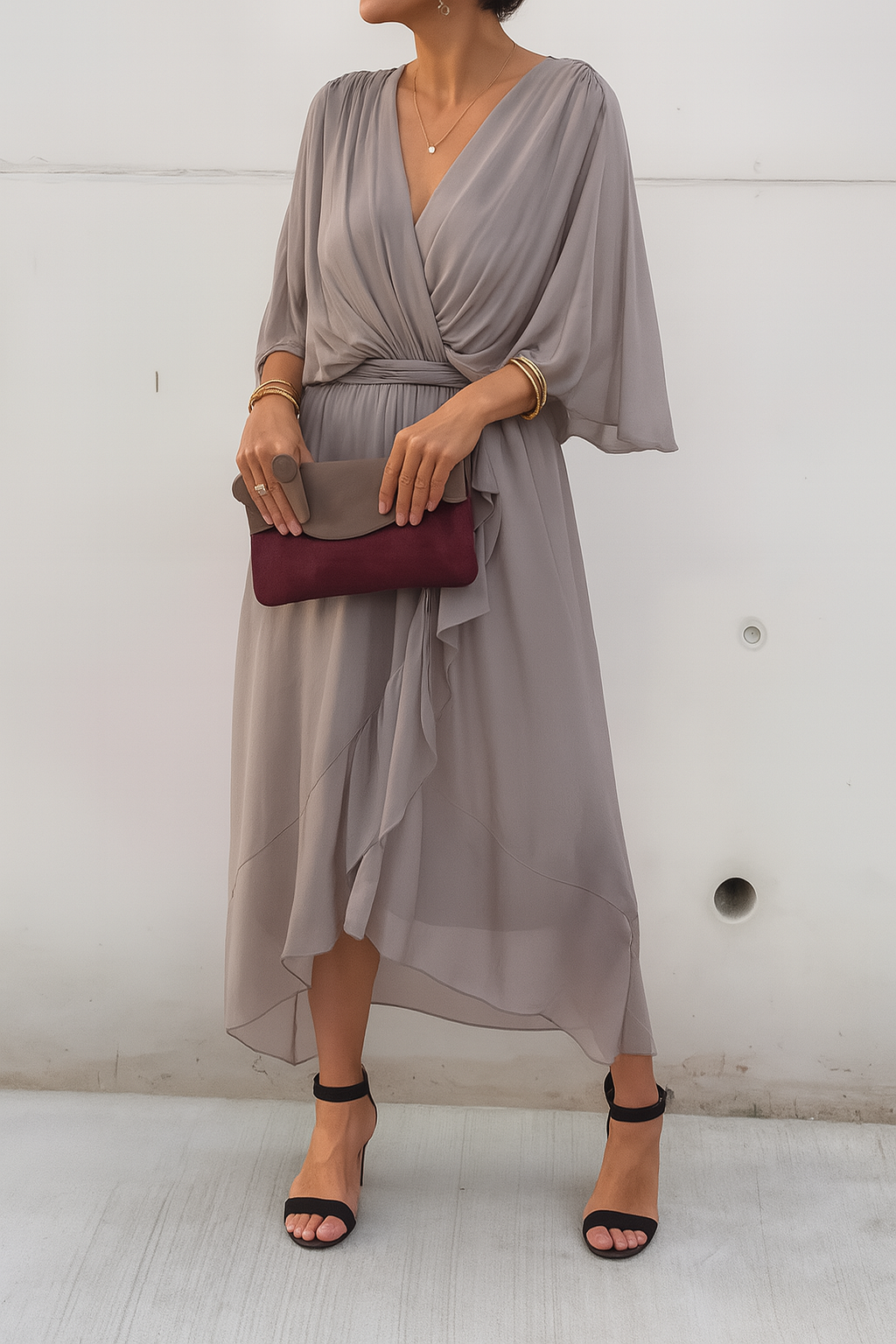 Chiffon Wrap Midi Dress with Asymmetric Hem
