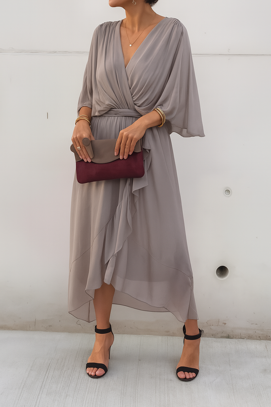 Chiffon Wrap Midi Dress with Asymmetric Hem
