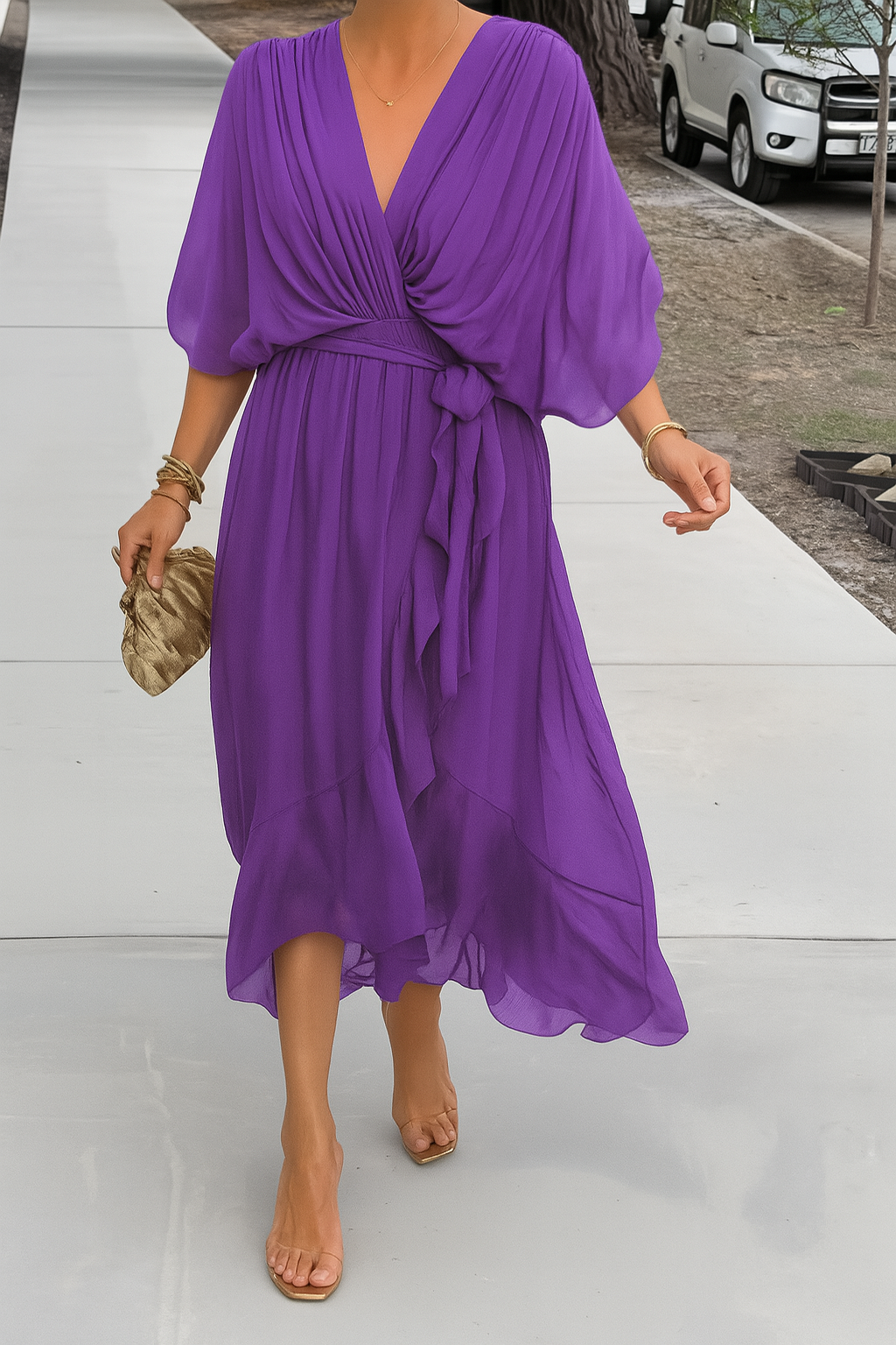 Chiffon Wrap Midi Dress with Asymmetric Hem