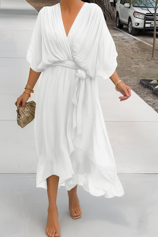 Chiffon Wrap Midi Dress with Asymmetric Hem