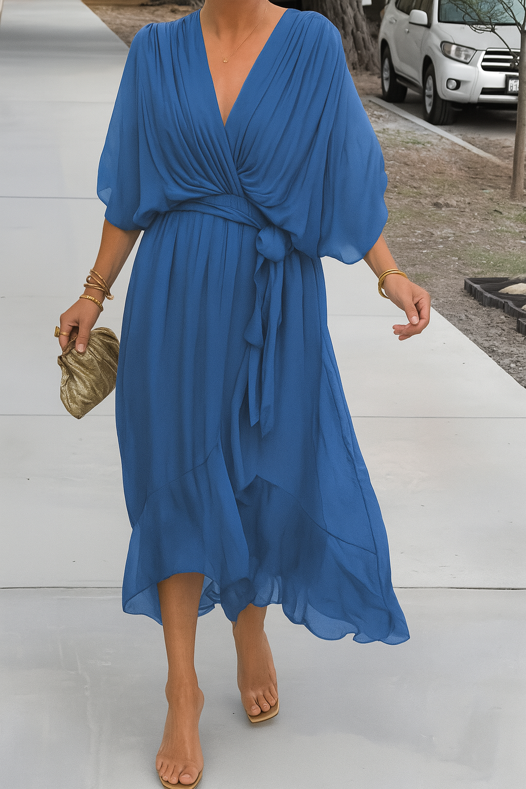 Chiffon Wrap Midi Dress with Asymmetric Hem